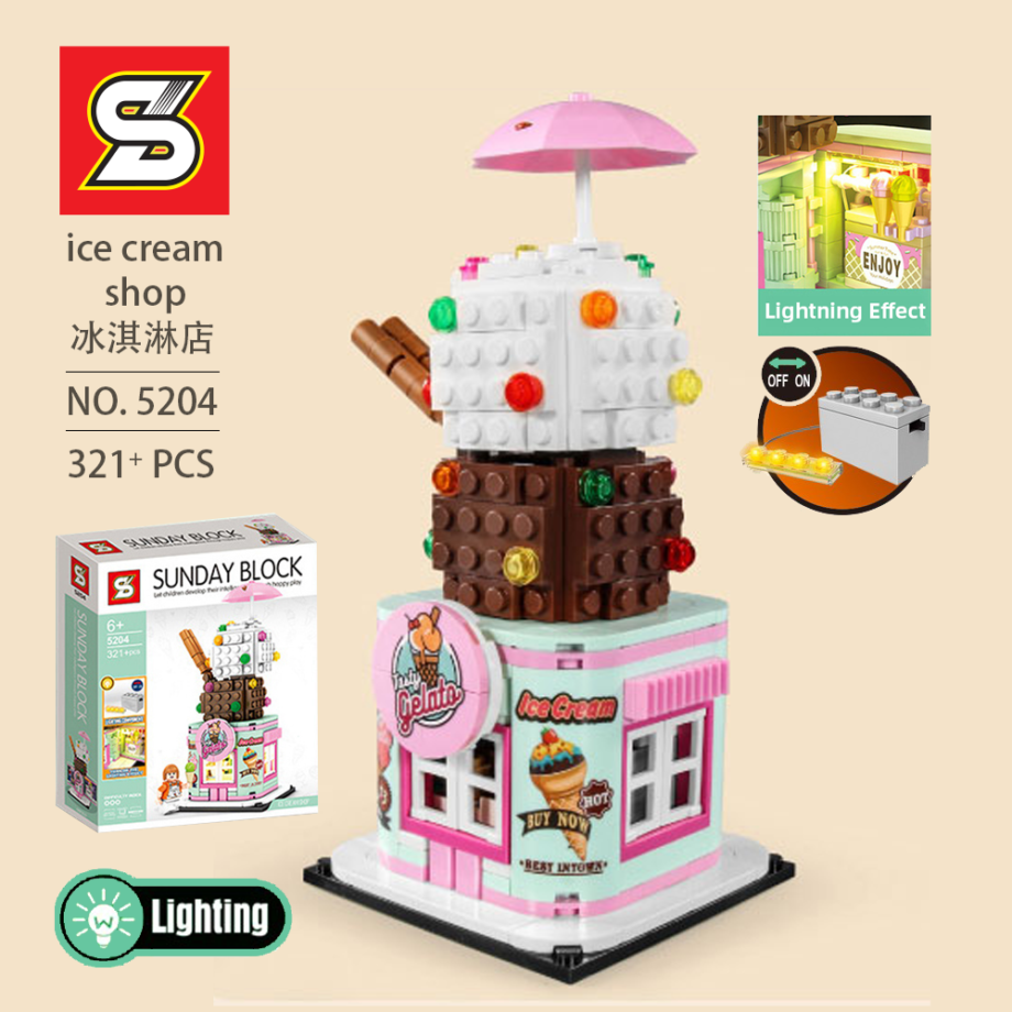 (LED Lighting Kit) SY Sheng Yuan 5204 Lighted Street View Ice Cream Shop Sunday Block Series Building Bricks